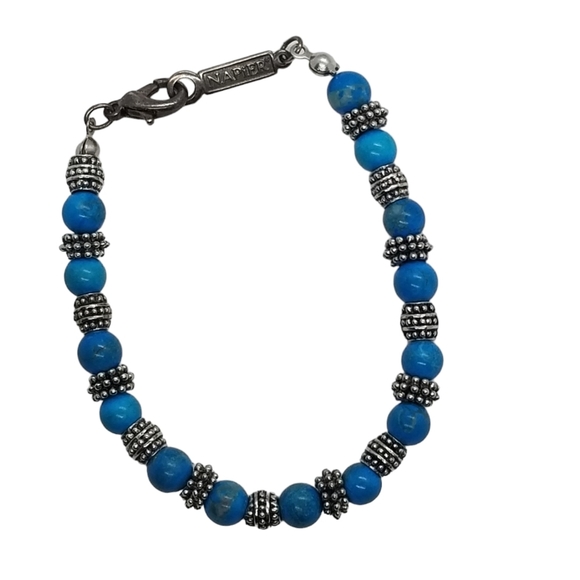 NAPIER VINTAGE HOWLITE STONE & SILVERTONED BEADED TENNIS BRACELET - Picture 3 of 5